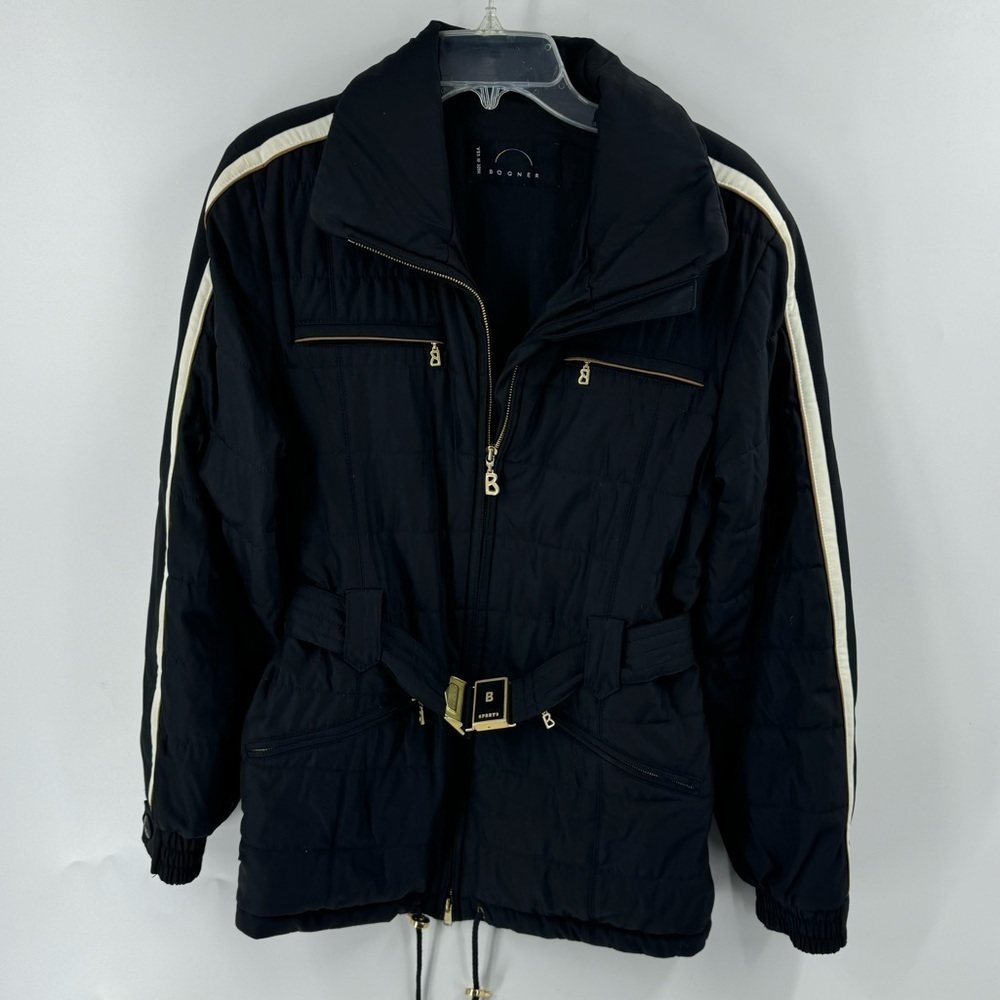✅ Vintage Black/WHITE/TAN Bogner SKI Jacket "SEAT BELT" BUCKLE SIZE 6 EUC